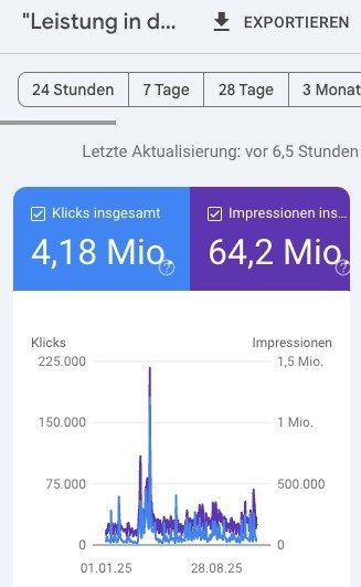 Google Search Console Leistung in der Google Suche 2025 mit 4,18 Mio. Klicks und 64,2 Mio. Impressionen
